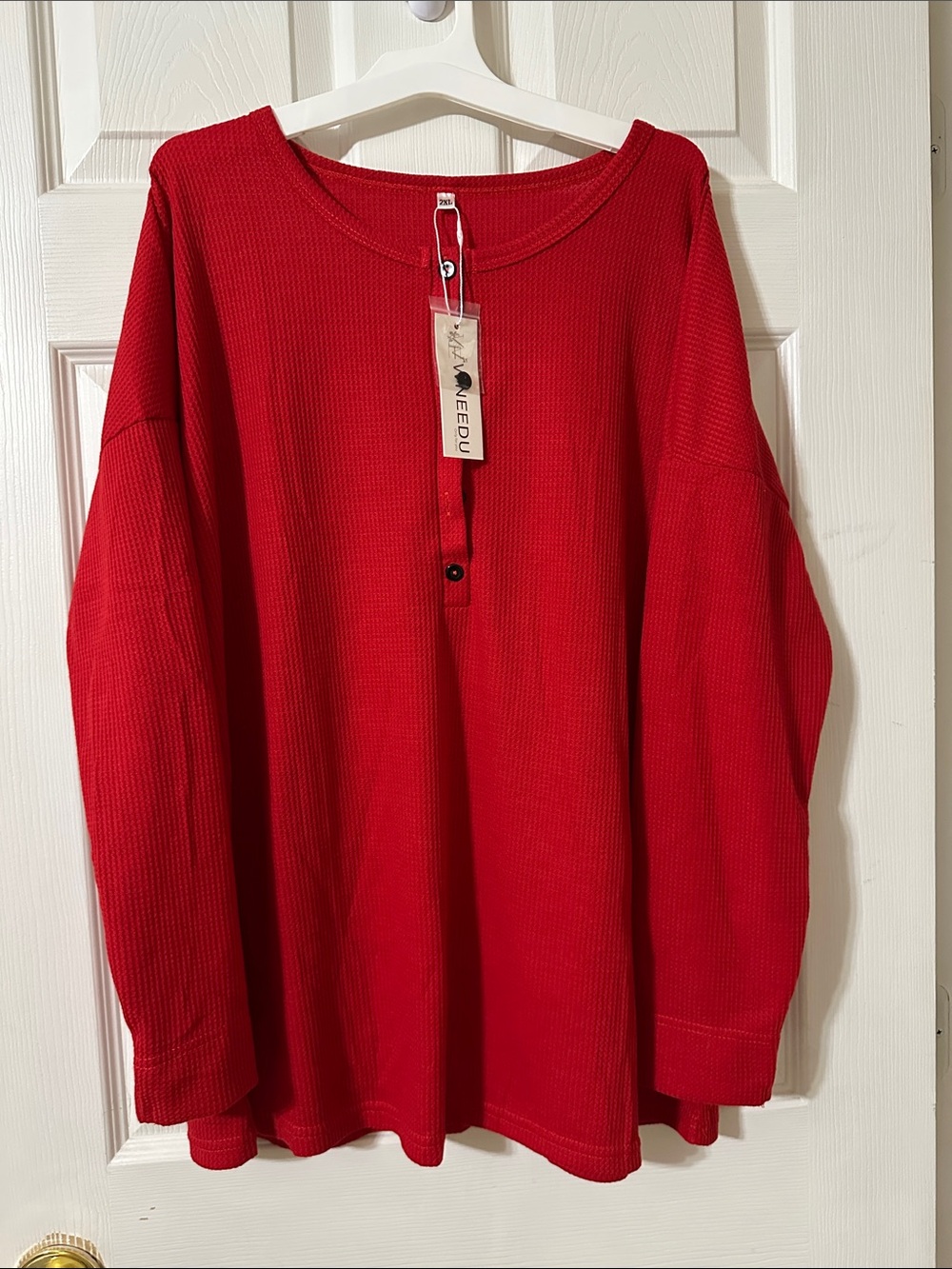 Red Waffle Knit Henley Shirt - NEBDU